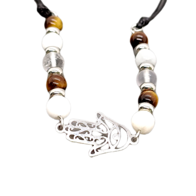 Bracelet de cheville macramé - Main de Fatima, Sélénite, Oeil-de-tigre et Cristal de roche