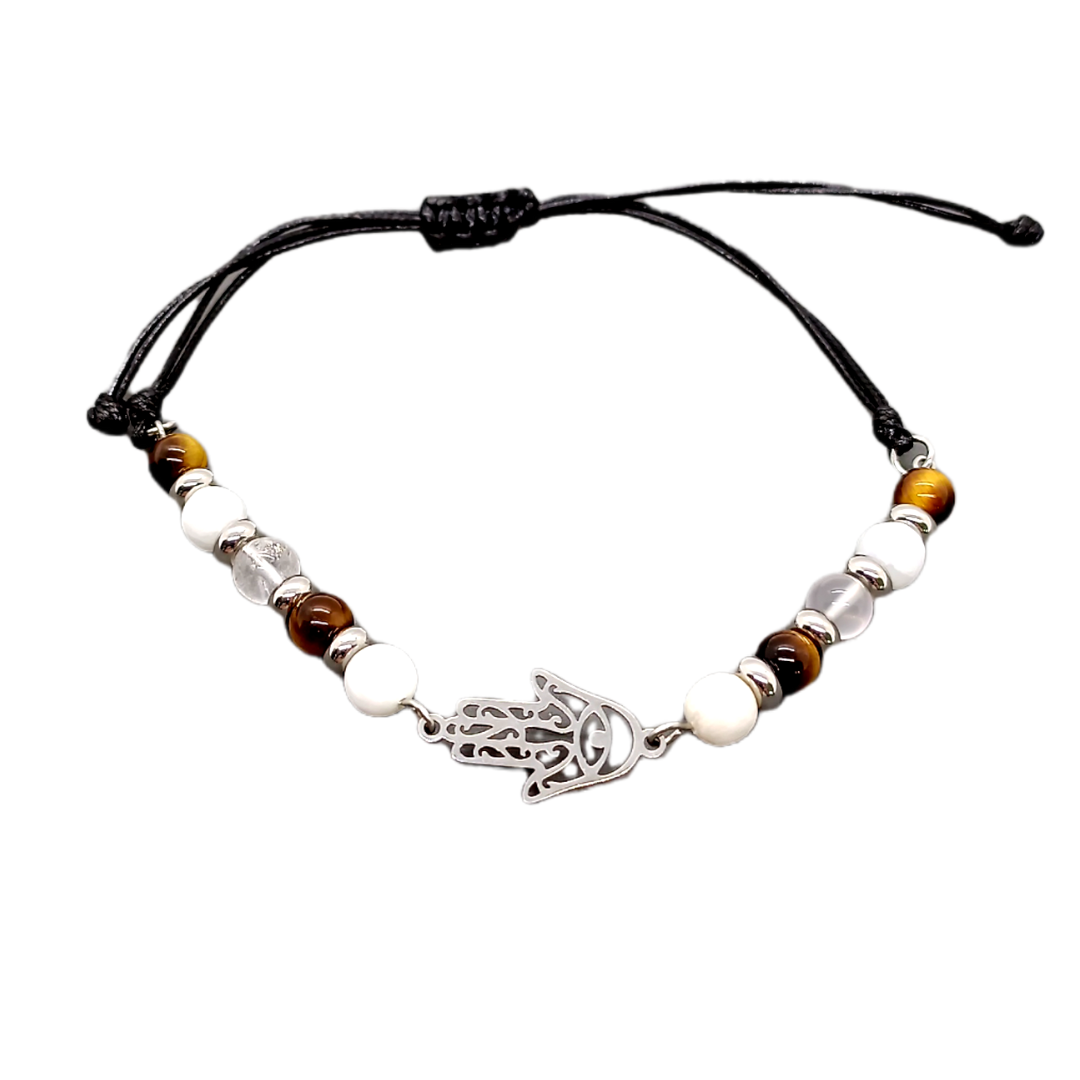 Bracelet de cheville macramé - Main de Fatima, Sélénite, Oeil-de-tigre et Cristal de roche