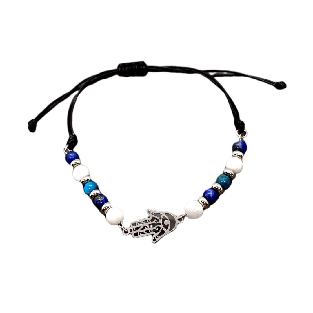 Bracelet de cheville macramé - Main de Fatima, Lapis lazuli, Sélénite et Apatite