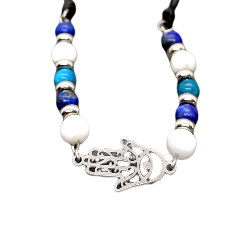 Bracelet de cheville macramé - Main de Fatima, Lapis lazuli, Sélénite et Apatite