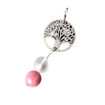 Médaille pour animal - Rhodonite, Cristal de roche mat et pendentif arbre de vie