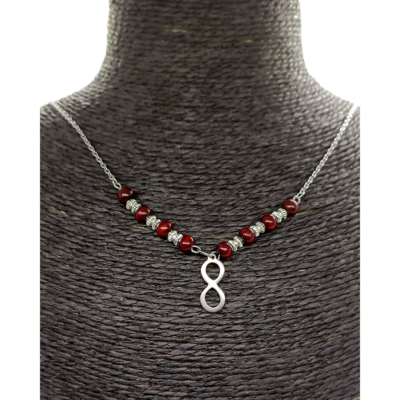 Collier - Lemniscate et Perles de Mala en bois rouge