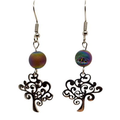 Boucles d&#39;oreilles - Agate vaporisée arc-en-ciel et arbre de vie