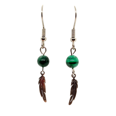 Boucles d&#39;oreilles - Malachite et plumes