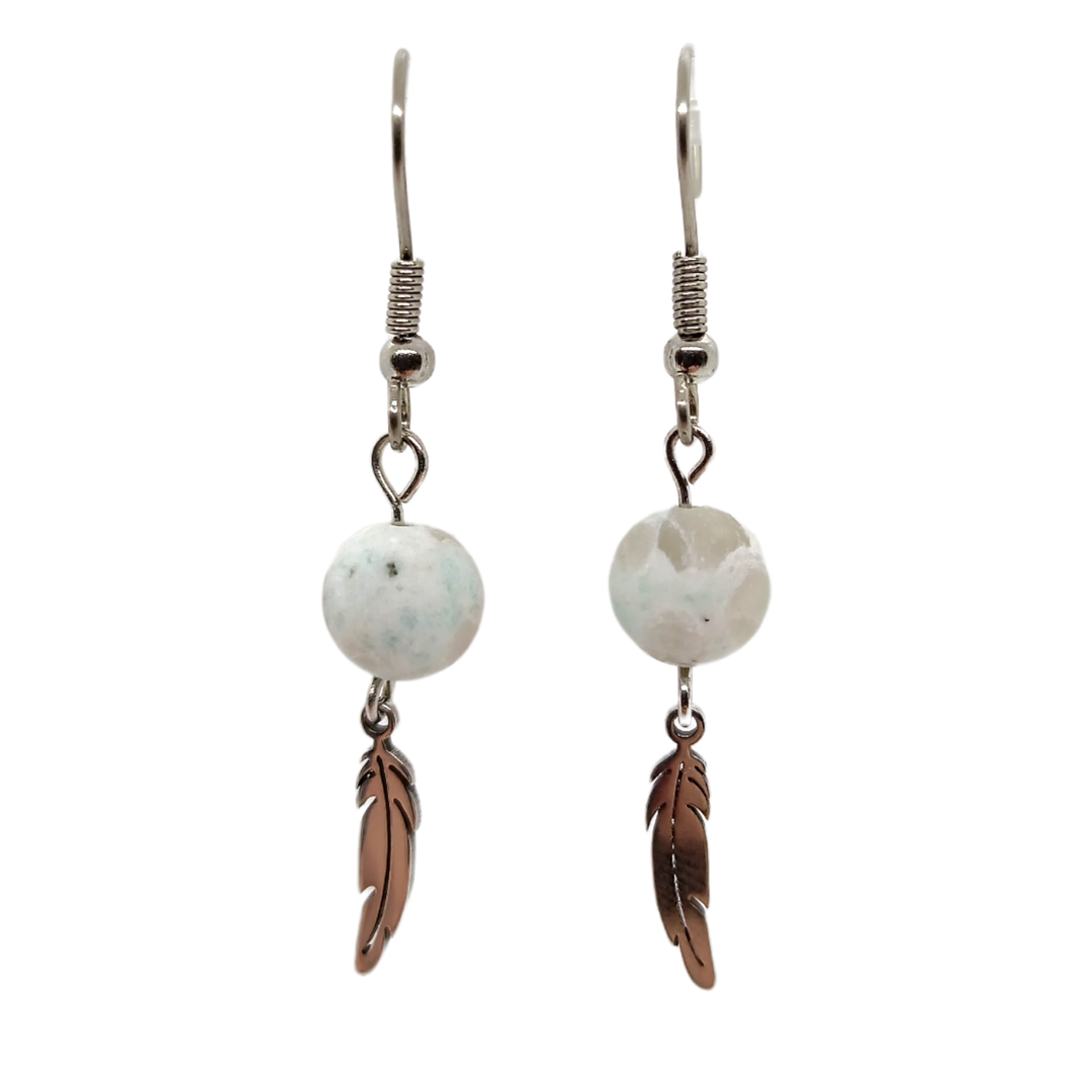 Boucles d&#39;oreilles - Jaspe kiwi mat et plumes