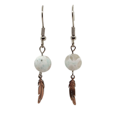 Boucles d&#39;oreilles - Jaspe kiwi mat et plumes