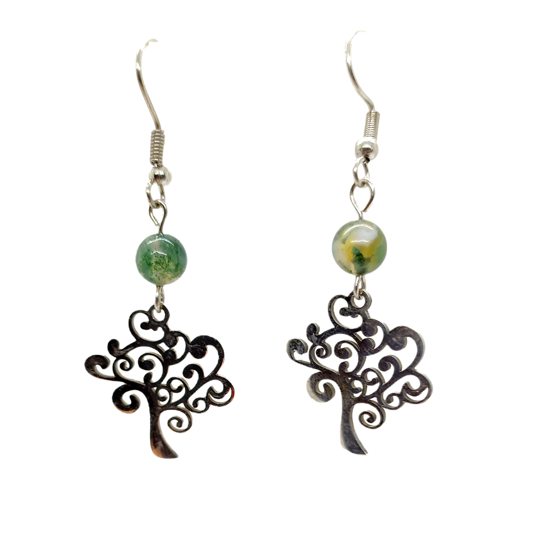 Boucles d&#39;oreilles - Agate mousse et arbre de vie