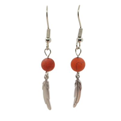 Boucles d&#39;oreilles - Jaspe rouge mat et plumes