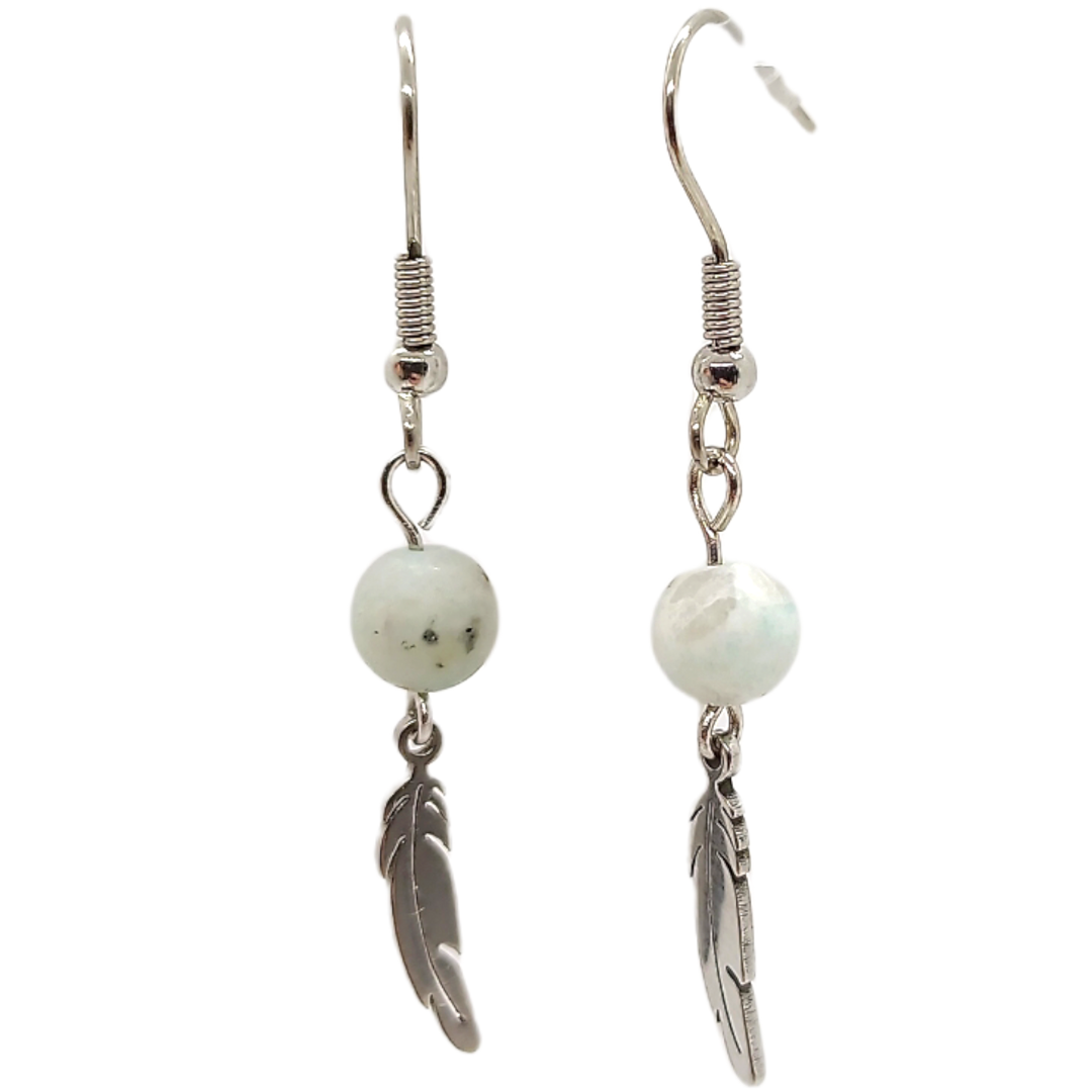 Boucles d&#39;oreilles - Jaspe kiwi mat et plumes