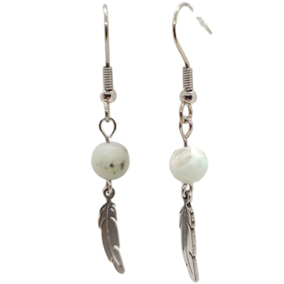 Boucles d&#39;oreilles - Jaspe kiwi mat et plumes
