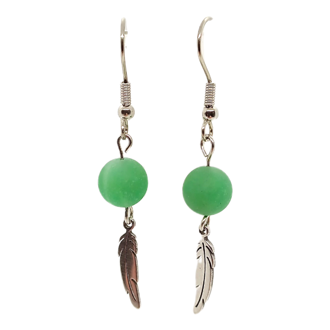 Boucles d&#39;oreilles - Aventurine mate et plumes