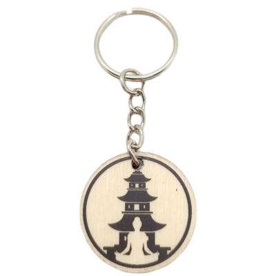 Porte-clés en bois verni - Bouddha devant temple