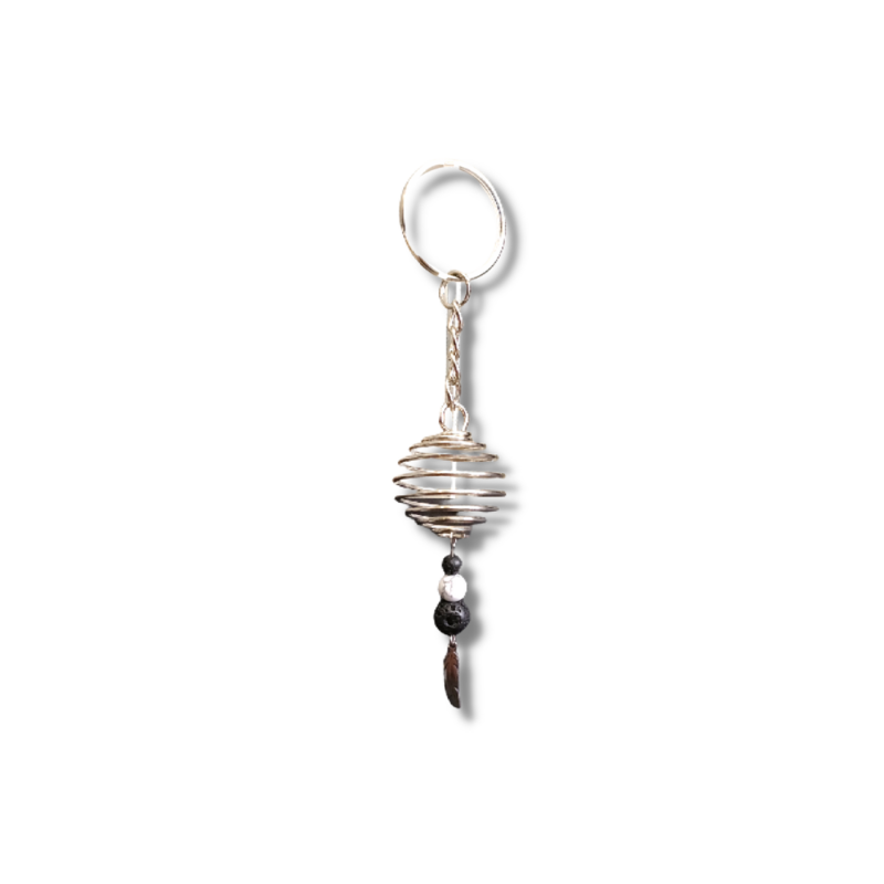 Porte-clés cage à pierre et plume - Howlite et pierre de lave