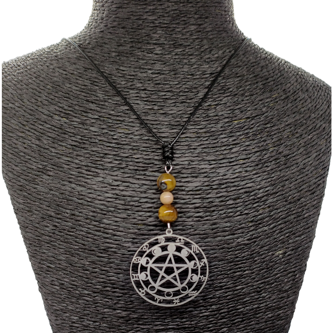 Collier pentacle - oeil de tigre et pierre de lune - 6 et 8 mm