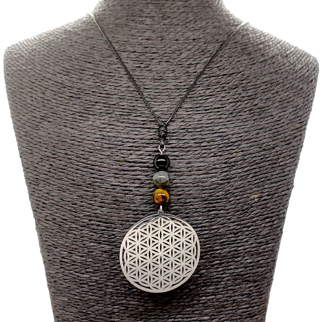 Collier Fleur de vie et protection - Oeil de tigre, labradorite et tourmaline