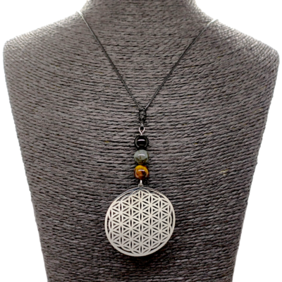 Collier Fleur de vie et protection - Oeil de tigre, labradorite et tourmaline