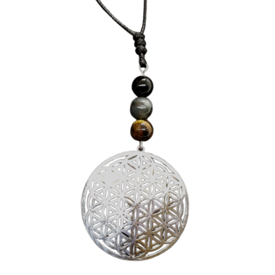Collier Fleur de vie et protection - Oeil de tigre, labradorite et tourmaline