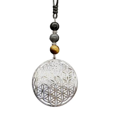 Collier Fleur de vie et protection - Oeil de tigre, labradorite et tourmaline