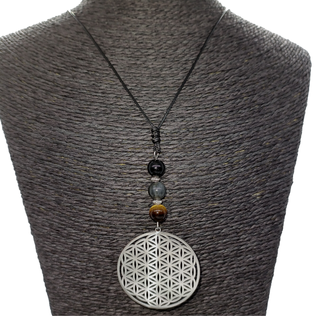 Collier Fleur de vie et protection - Oeil de tigre, labradorite et tourmaline