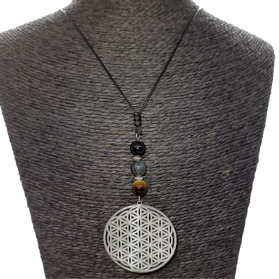 Collier Fleur de vie et protection - Oeil de tigre, labradorite et tourmaline