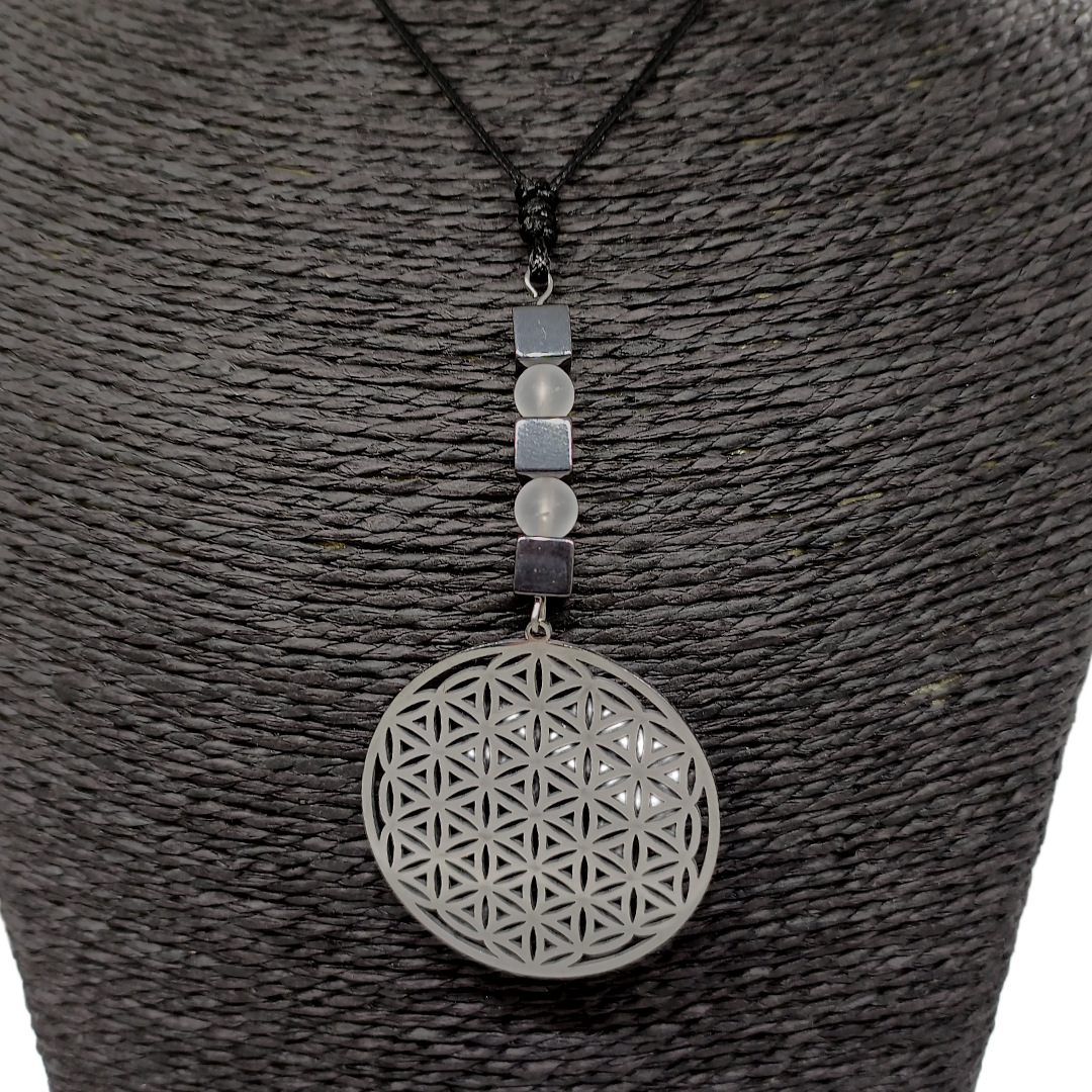 Collier Fleur de vie - Hématite et cristal de roche mat