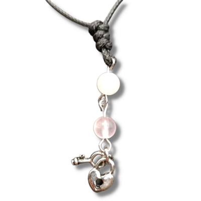 Collier cœur cadenas - Quartz rose 6 mm
