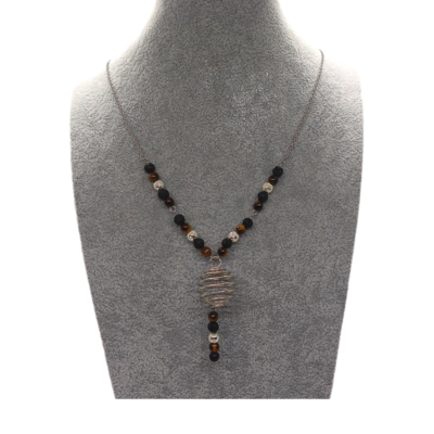 Collier cage à pierre avec œil de tigre et pierre de lave