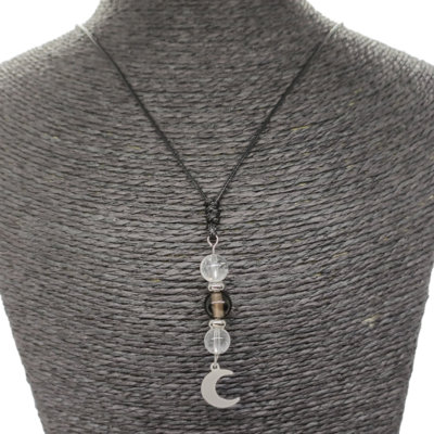 Collier petite lune -  Cristal de roche et quartz fumé 8 mm