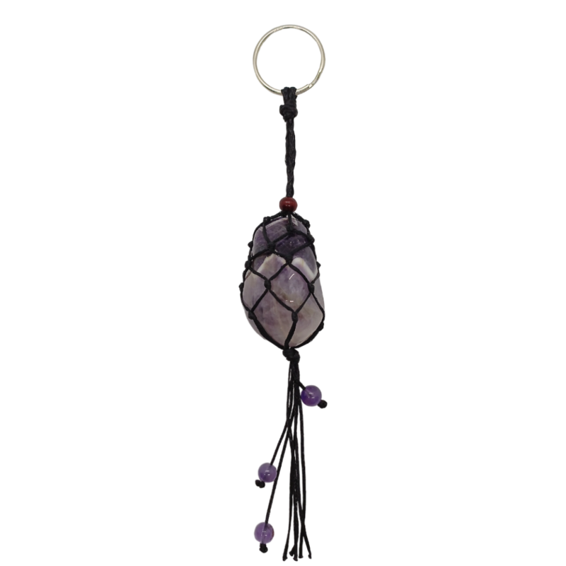 Porte-clés en macramé &quot;filet à pierre&quot; perles d&#39;améthyste