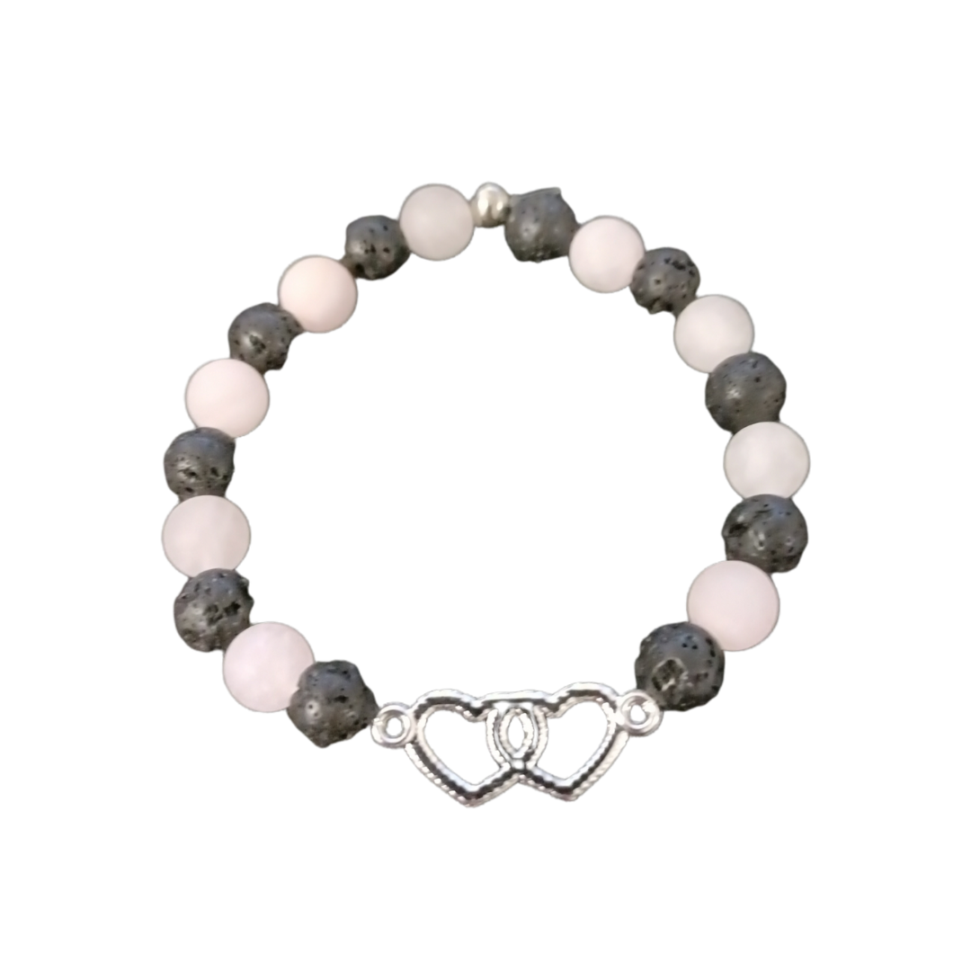 Bracelet élastique Cristal Quartz rose mat, pierre de lave et double coeur