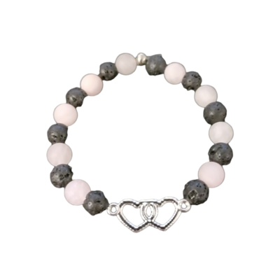 Bracelet élastique Cristal Quartz rose mat, pierre de lave et double coeur