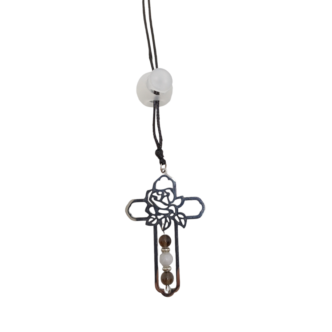 Bijou de rétroviseur - Rose dans une croix , quartz fumé et pierre de Lune