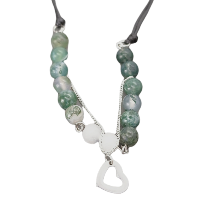 Bracelet de cheville macramé - Agate mousse, Quartz tourmaline et petit coeur