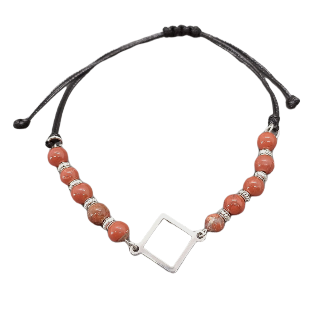 Bracelet de cheville macramé - Jaspe rouge et symbole carré