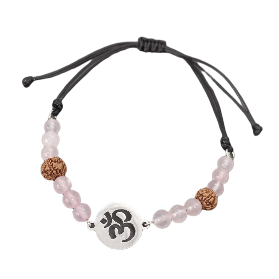 Bracelet de cheville macramé - Quartz rose, Ôm et Rudraksha