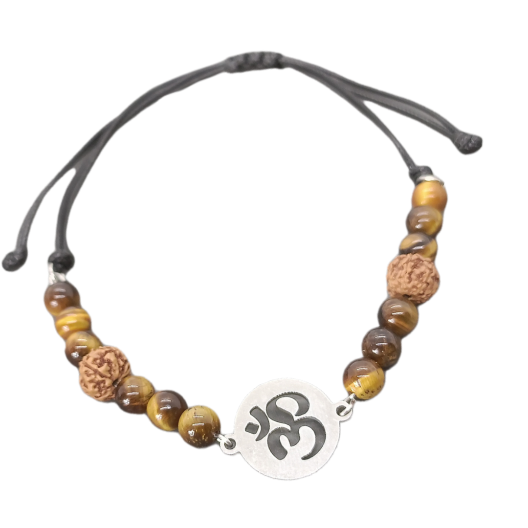 Bracelet de cheville macramé - Oeil de tigre, Ôm et Rudraksha