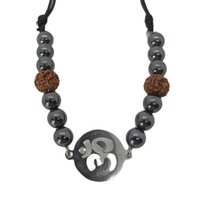 Bracelet de cheville macramé - Hématite, Ôm et Rudraksha