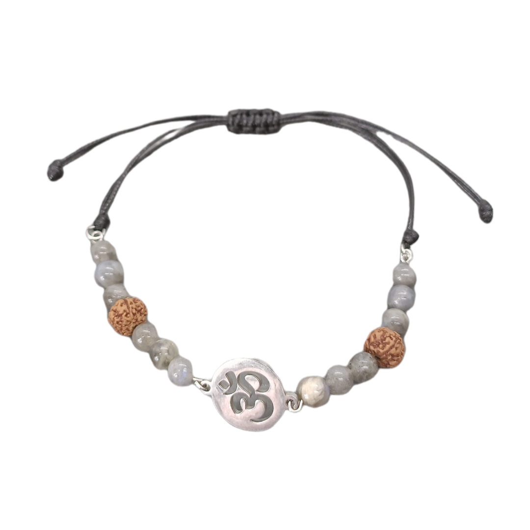 Bracelet de cheville macramé - Labradorite, Ôm et Rudraksha