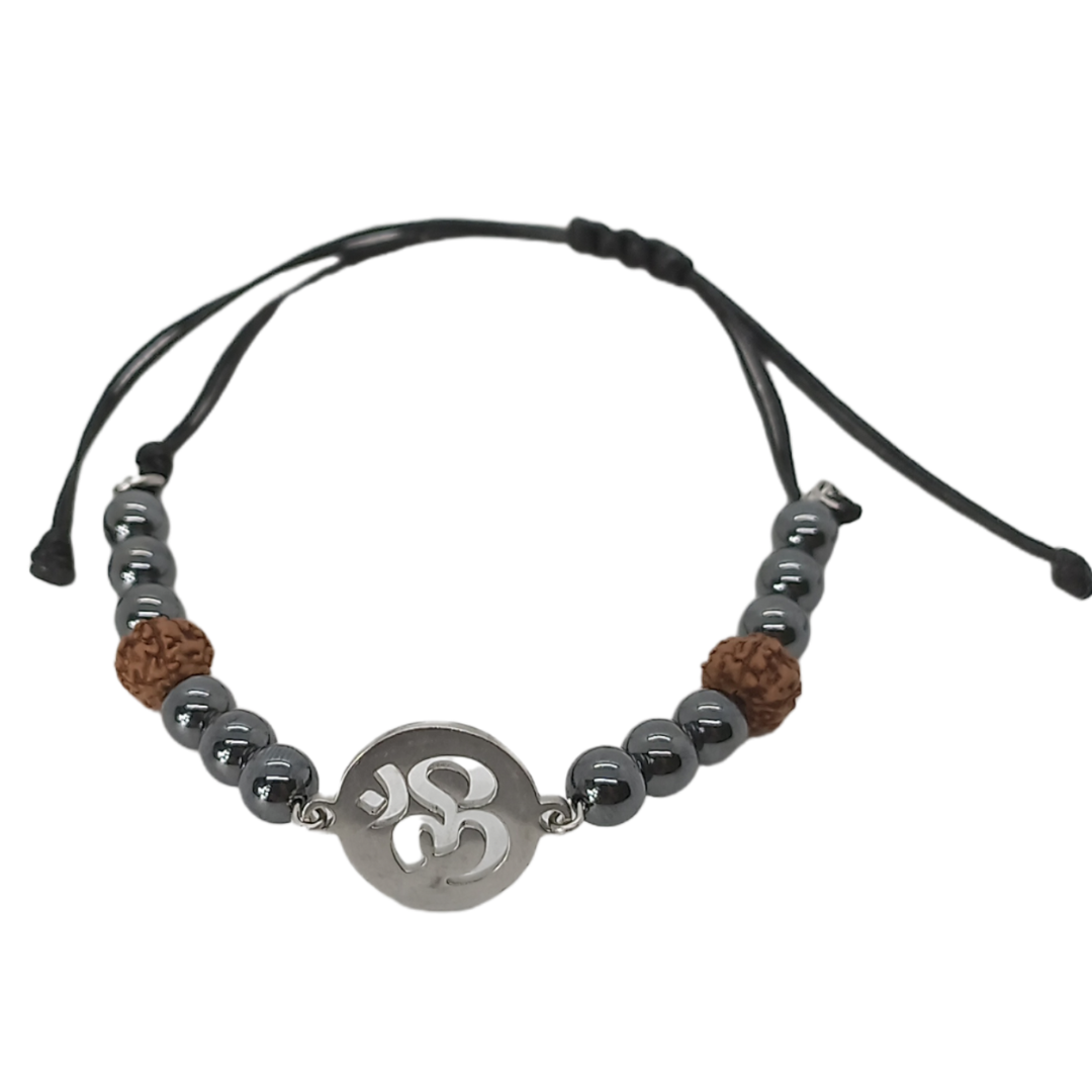 Bracelet de cheville macramé - Hématite, Ôm et Rudraksha