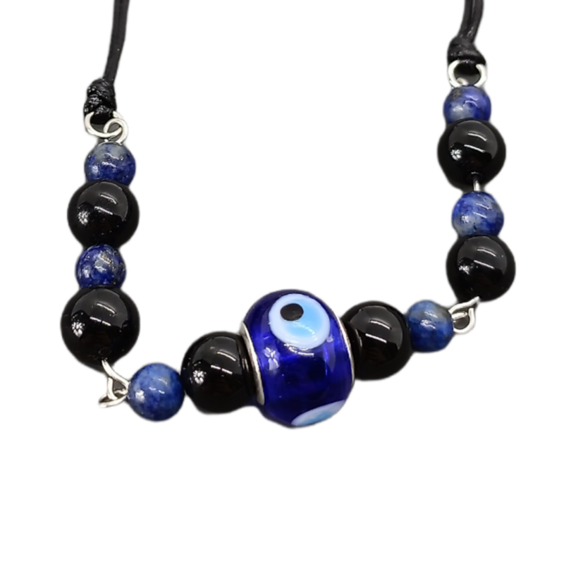 Bracelet de cheville macramé - Tourmaline, Lapis-Lazuli et oeil turc