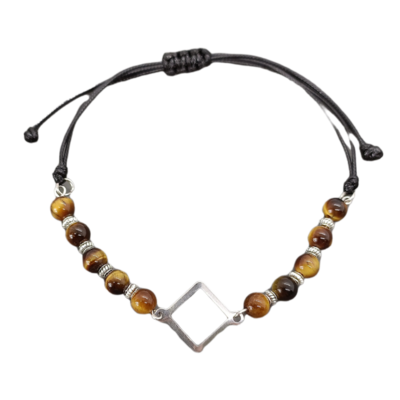 Bracelet de cheville macramé - Oeil de tigre et symbole carré