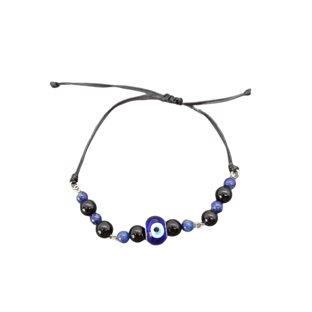 Bracelet de cheville macramé - Tourmaline, Lapis-Lazuli et oeil turc