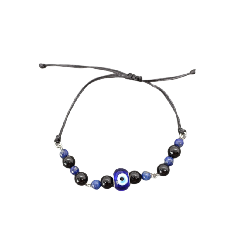 Bracelet de cheville macramé - Tourmaline, Lapis-Lazuli et oeil turc