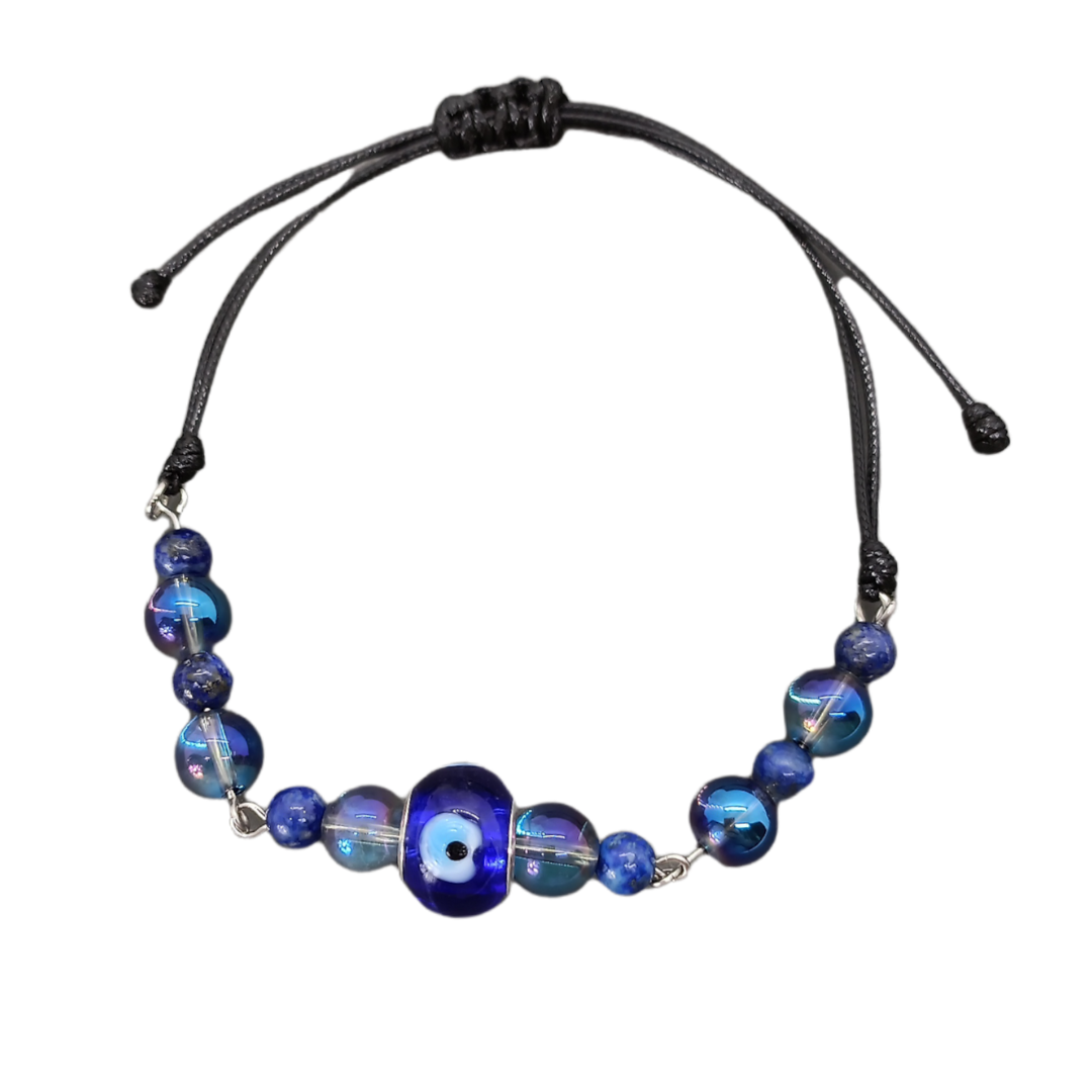 Bracelet de cheville macramé - Aqua Aura, Lapis-Lazuli et oeil turc