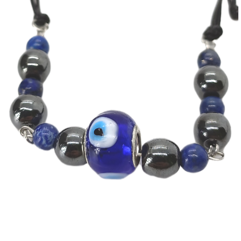 Bracelet de cheville macramé - Hématite, Lapis-Lazuli et oeil turc