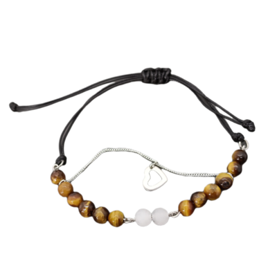 Bracelet de cheville macramé - Oeil de tigre facetté , Quartz tourmaline et petit coeur
