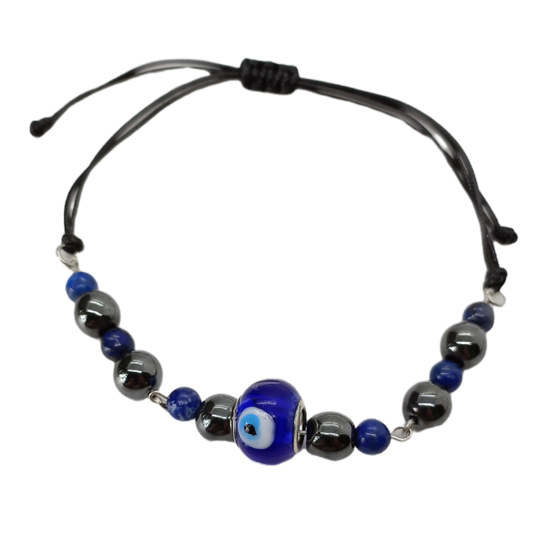 Bracelet de cheville macramé - Hématite, Lapis-Lazuli et oeil turc