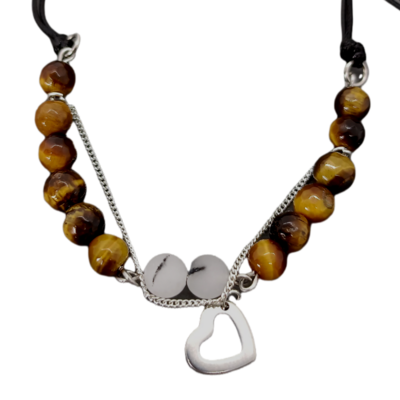 Bracelet de cheville macramé - Oeil de tigre facetté , Quartz tourmaline et petit coeur
