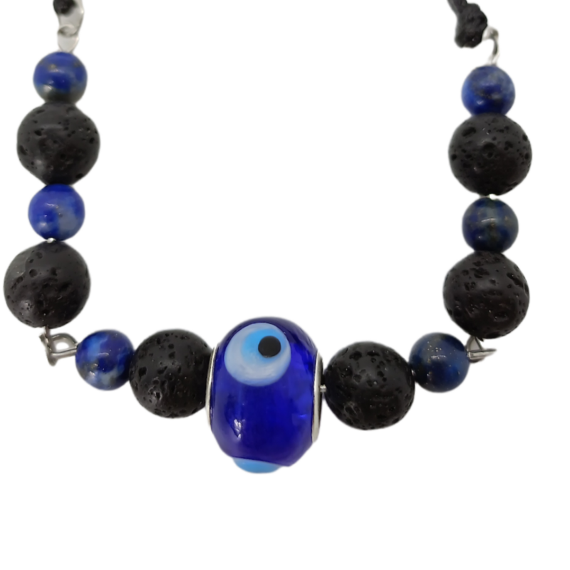 Bracelet de cheville macramé - Pierre de lave, Lapis-Lazuli et oeil turc