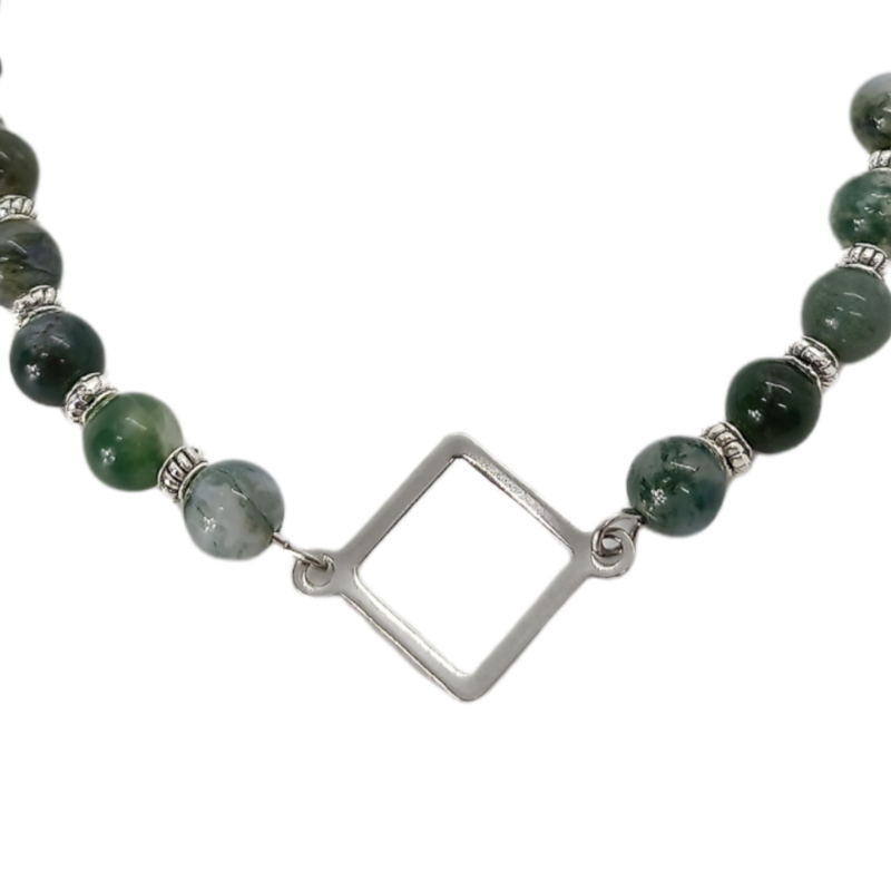 Bracelet de cheville macramé - Agate mousse et symbole carré